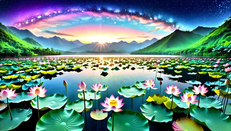 超 high image quality, high image quality, high quality , Spectacular Scenery , Magnificent Pure Land of Paradise ,((Heavenly world)),((( A large group of huge and very beautiful lotus flowers that fill the surface of the lake))),(((1000 lotus flowers on ...