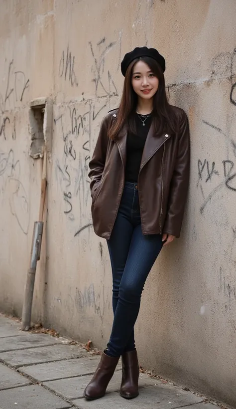 Asian woman smile little long straight hair wears brown leather jacket  ,black t-shirt,jeans,  brown boots and beret hat standing near old wall lots of scribbles picture clearly full body 