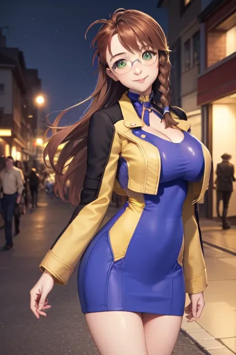  masterpiece,  highest quality,  xs1 change , glasses,  braid,  yellow jacket, neckline, purple and yellow dress, socks,  big breasts,  looking at the spectator,  smile, are standing,  cowboy shot,  closed mouth ,  head tilt, cielo nocturno