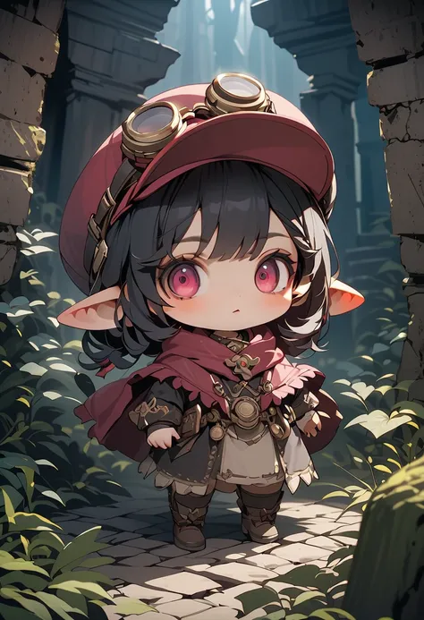 Anime-style chibi character wearing goggles and hat,poncho,expedition, (The underground kingdom),dark, scary, spooky place, underground labyrinth,dark, scary, spooky place, underground labyrinth, dark, scary, spooky place, underground labyrinth,  very deta...