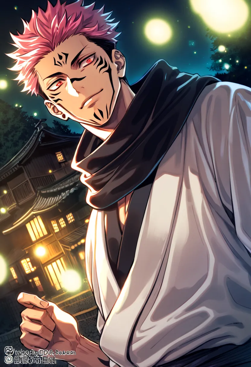 Ultra detailed, Highres, HDR, absurdres, Ryomen Sukuna, pink hair, red eyes, black scarf, white kimono, sexy man, extremely handsome, solo, very detailed face and eyes, Jujutsu Kaisen, fireflies, night, village,