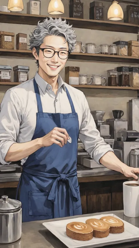  Japanese male, 38age , Medium build,  natural perm, Short Hair, Gray-haired, Glasses, Coffee shop manager, Blue Apron, archic smile ,