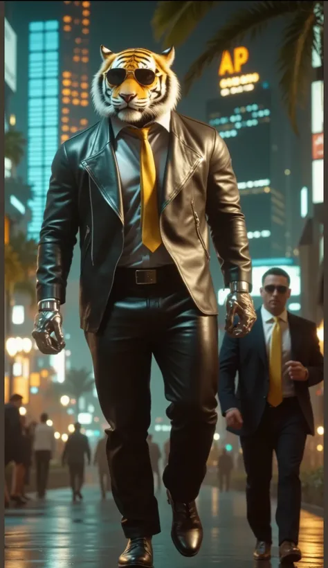 A humanoid tiger with a muscular build walks confidently through a neon-lit futuristic city at night. He has realistic orange and black striped fur, piercing eyes, and wears sleek aviator sunglasses. His outfit consists of a black leather biker jacket with...