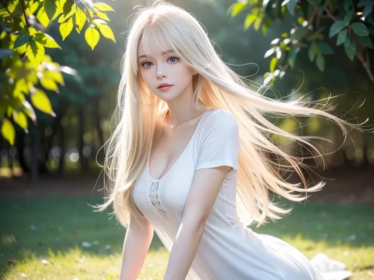  Unrivaled Beauty 、very beautiful beautiful super long platinum blonde silky hair, Beautiful bright look 、 lies down、Shiny, radiant, firm, moisturized, and shiny skin 、目の間のbangs、super long super long straight silky very light blonde、 big beautiful very bri...