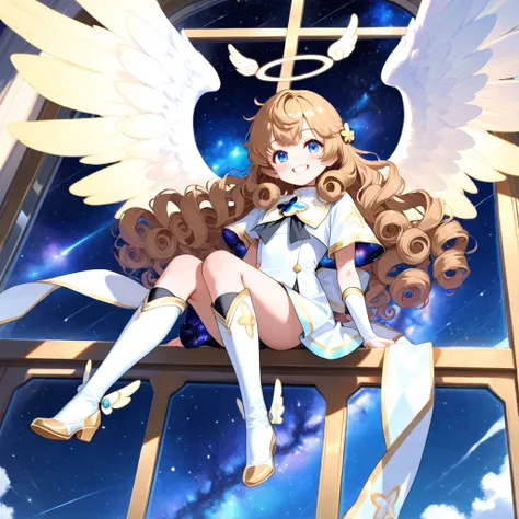 small cute , brown curly hair, blue eyes, white angelic clothes, massive wings, sitting on a window, galaxy background, smiling, 