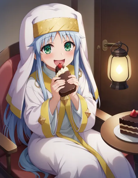 Prohibited bibliography, green eyes, Lantern, long hair,break habit, Long Sleeve, nun, Robe, white Robe, wide sleeve , Long Skirt ,smile,blush, open your mouth, I've just eaten is placed on the table, I'm grabbing a fork stuck in the chocolate cake...