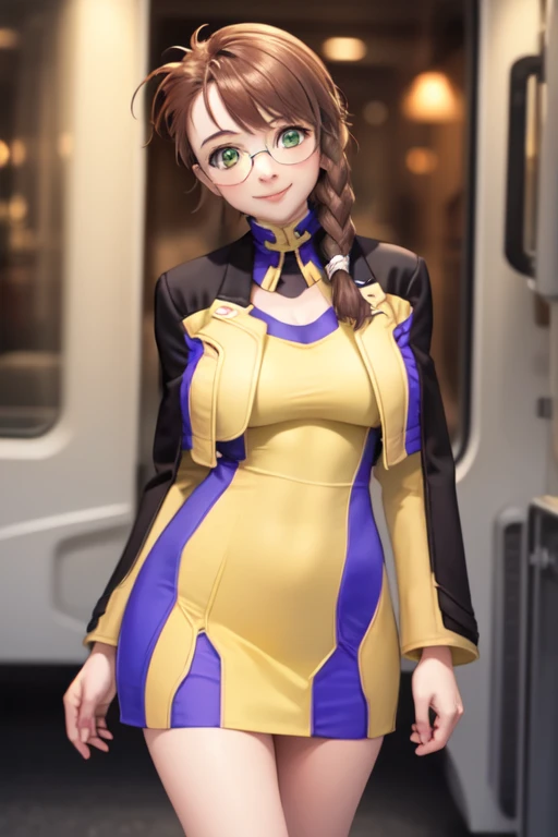  masterpiece,  highest quality,  xs1 change , glasses,  braid,  yellow jacket, neckline, purple and yellow dress, socks,  big breasts,  looking at the spectator,  smile, are standing,  cowboy shot,  closed mouth ,  head tilt, cielo nocturno