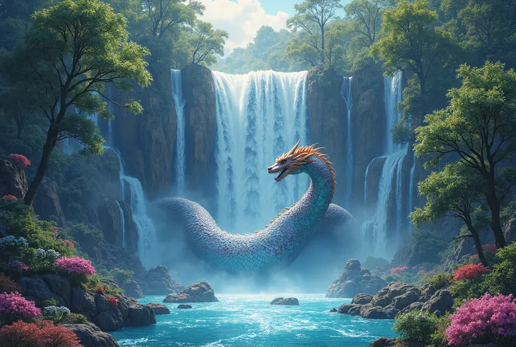 Picture of a waterfall with a dragon and a dragon in the middle,  Ultra-fine detail paintings inspired by Kawase Hasui,   CG Society Contest Winner  ,   Psychedelic Art ,  psychedelic landscape , Detailed dreamscape, tree々and a waterfall, There is a waterf...