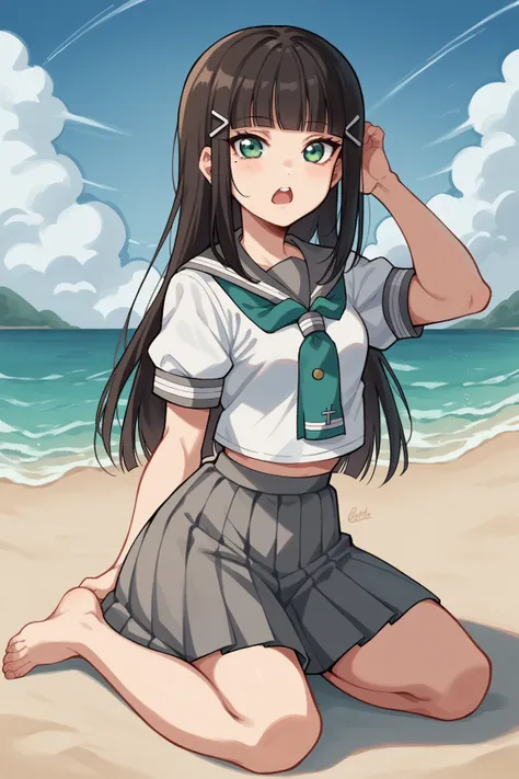  with Dia Kurosawa,  long hair, bangs,   black hair,  hair ornament,  green eyes,  side lock,  hair clip, blunt bangs,  mole,  mole,  Medium Boobs ,,  skirt by humili,  school uniform,  SHORT SLEEVE, pleated  skirt by humili,  serafuku,  neckerchief, green...