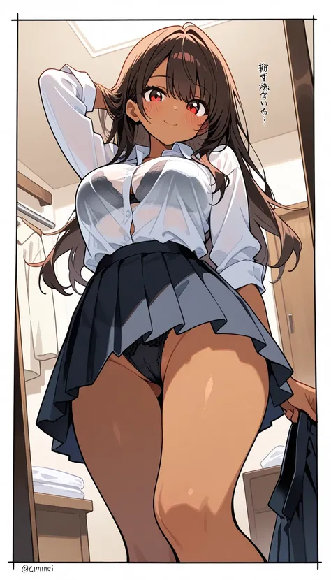 ( beautiful girl : 1.3), 1 girl,(Brown skin,Dark Skin,白いdress shirt, arm roll up, black bra, black underwear, boobs, skirt by humili, vulva), Gold, long hair,smile, is bashful,blush, dressing room, lines , sound effect, dynamic angle,masterpiece, top quali...