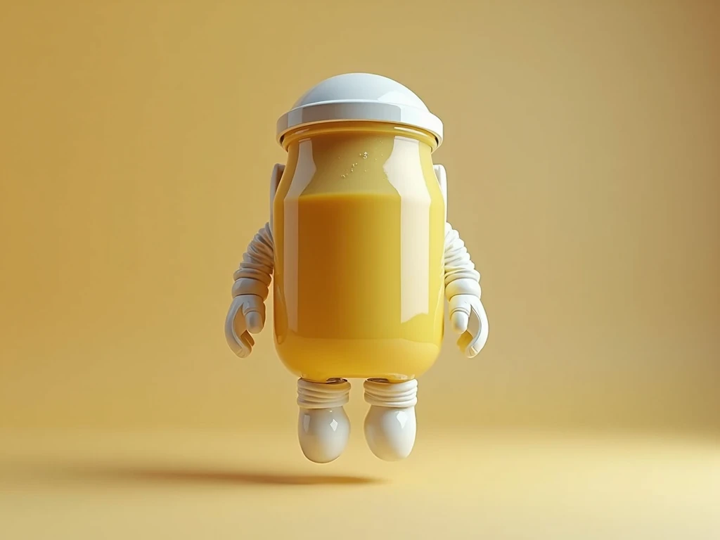 Create an astronaut whose body should be a jar of mayonnaise, Respecting the colors of a mayonnaise jar, The texture of a mayonnaise jar, The shine of a mayonnaise jar.  There should be no label on this mayonnaise jar,  he must be filled with mayonnaise an...