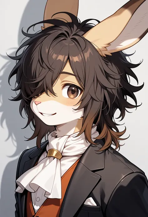 1boy,  (furry, kemono:1.4), rabbit boy, animal nose, rabbit ears, male focus, solo, male focus, looking at viewer, smile, hair over one eye, medium hair, brown hair, shadow, messy hair, jacket, shirt, black jacket, scarf, white shirt, brown eyes, portrait,...