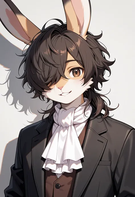 1boy,  (furry, kemono:1.4), rabbit boy, animal nose, rabbit ears, male focus, solo, male focus, looking at viewer, smile, hair over one eye, medium hair, brown hair, shadow, messy hair, jacket, shirt, black jacket, scarf, white shirt, brown eyes, portrait,...