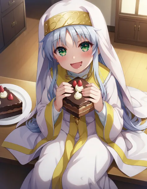  Prohibited bibliography,  green eyes,  Silver Hair,  long hair,break habit,  Long Sleeve,  nun, Robe, white Robe,  wide sleeve  , Long Skirt ,smile,blush, open your mouth, I've just eaten is placed on the table, I'm grabbing a fork stuck in the chocolate ...