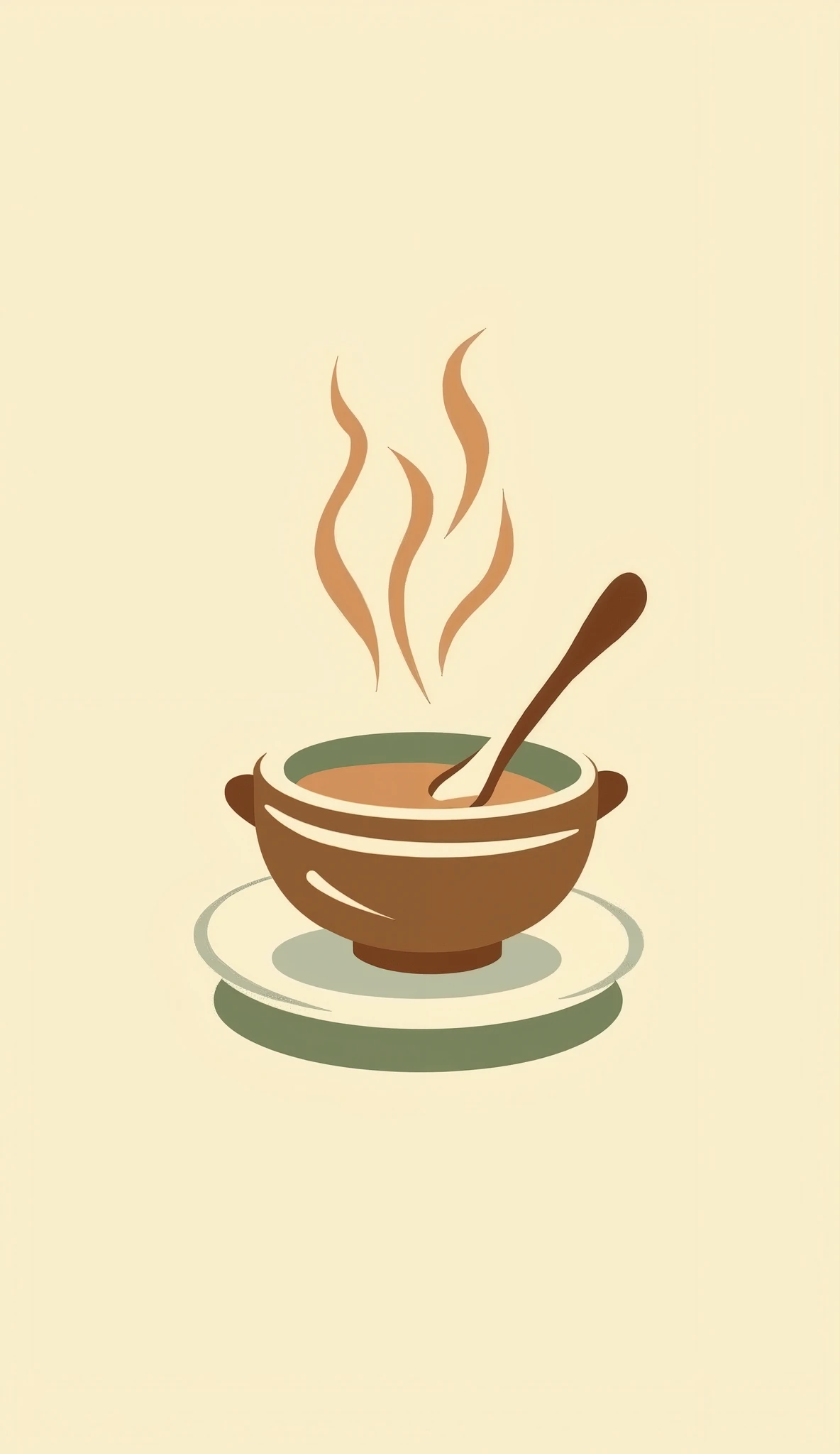 A vintage-inspired icon of a steaming bowl with a spoon, symbolizing healthy recipes. The background is soft beige (#E8D8C4), complemented with warm brown (#A67C52) and olive green (#6B705C). The icon is stylized with clean, retro-inspired lines.