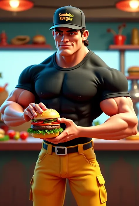  Create a pixar 3D image of a muscular man wearing black and yellow clothing,  a black cap written Sandubão Burguer , Making a hamburger 