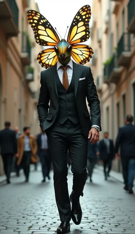 A man with the head of a butterfly wearing a suit
Walking on the streets of Italy, with big muscles