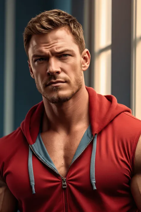 cinematic photo ((ohwx man)) , smooth soft skin, soft lighting, detailed face, concept art, digital painting, looking sexy, as a scary fighter, posing like a bodybuilder, wearing an zipped-open sleeveless red hoodie, in a bedroom,   . 35mm photograph, film...