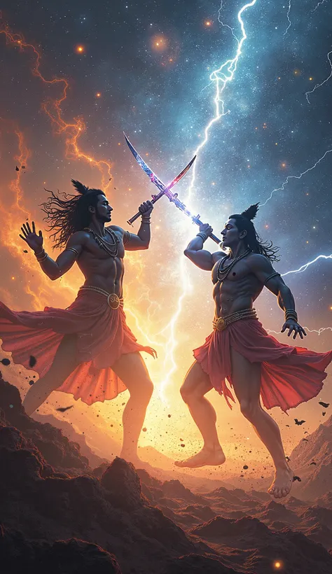 As Shiva and Vishnu fight, the sky splits apart, revealing a celestial portal of infinite energy. Thunderbolts crash, and divine weapons clash, illuminating the entire universe. The battlefield is surrounded by swirling galaxies and flying divine beings wi...