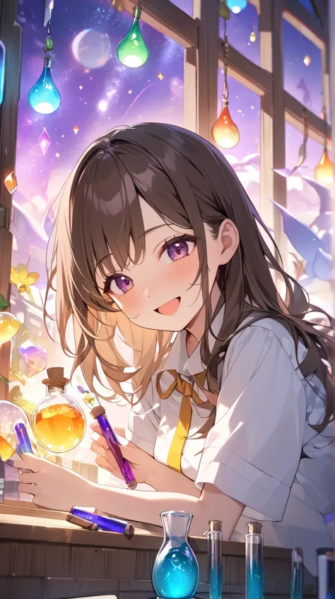 One Girl、A happy look、Long brown hair、Lab attire、Magic potion in hand、Adventurous attitude BREAK Academy laboratory、(Colorful light):1.2、Vibrant colors、Dreamy atmosphere、The charm of magical experiments、Exciting space BREAK Colorful potions、Floating Vial、A...