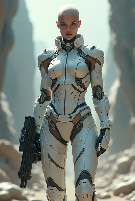 Create a model of a heroine, an imposing female character wears a cyborg costume, our heroine wears bald hair or a white costume, a futuristic setting, uses a gun.