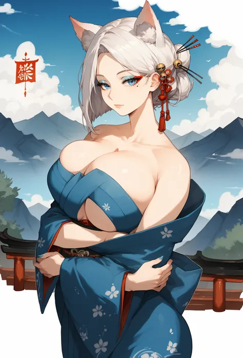 (kitsune ears), mixed_artwork style, short hair, white hair, sidelocks, side bangs, blue eyes, perfect eyes, diamong sharp eyes, black & blue kimono, (plunge cleavage, side boob), Mole under eye, curvy, (massive chest), White outline, (expressionless), Sen...