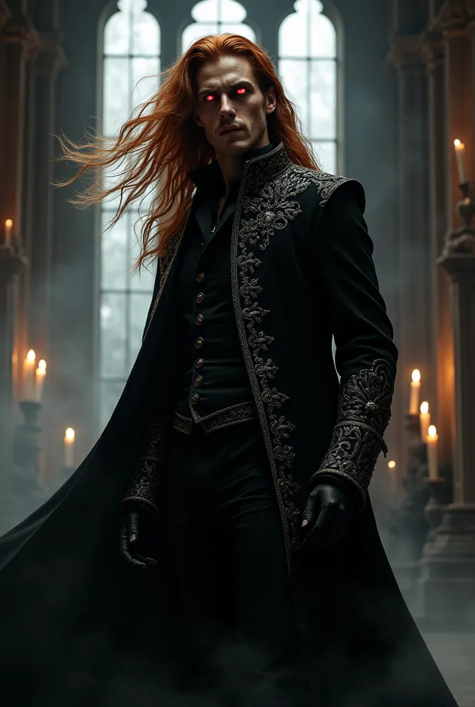 "A powerful Lasombra vampire standing in a grand gothic hall, surrounded by swirling shadows. He has long, chestnut hair with a reddish hue flowing as if caught in an unseen wind. His piercing red eyes glow intensely, radiating an aura of dominance and men...