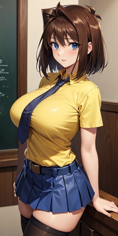  1 female, high definition, High resolution ,  ultra-realistic  ,8K, aamazaki, ( hair antenna:1.2),  blue tie,blue eyes,falda rosa,(( miniskirt)),(( yellow shirt)), belt,European,sexy, Close-up of the upper body , Pictured from the Front , Dynamic Angles ,...