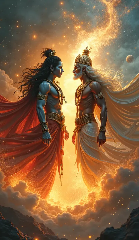 Shiva and Vishnu, both in their most powerful divine forms, stand in the middle of a swirling vortex of cosmic energy. Shiva’s fiery aura engulfs one half, while Vishnu’s serene golden glow radiates from the other. Their eyes lock with supreme intensity, a...