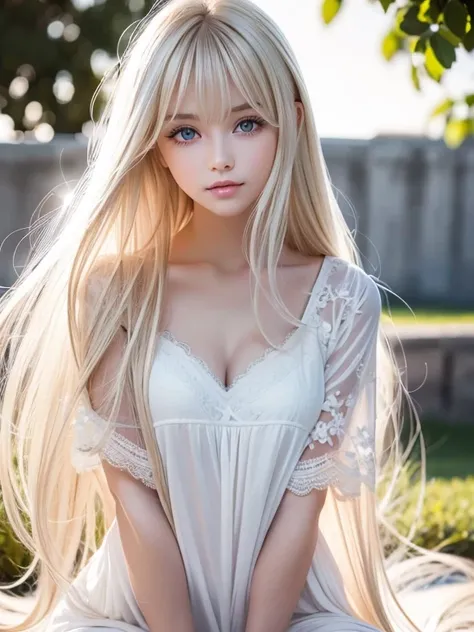  Unrivaled Beauty 、very beautiful beautiful super long platinum blonde silky hair, Beautiful bright look 、 lies down、Shiny, radiant, firm, moisturized, and shiny skin 、目の間のbangs、super long super long straight silky very light blonde、 big beautiful very bri...