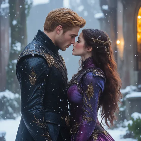  A romantic image of a real couple kissing in a snowy garden under a gentle snow .  The woman,  dressed in a medieval style royal blue dress  , is kissing the man  (They are kissing)  her hair is long ,  dark and flowing loosely across their shoulders . BR...