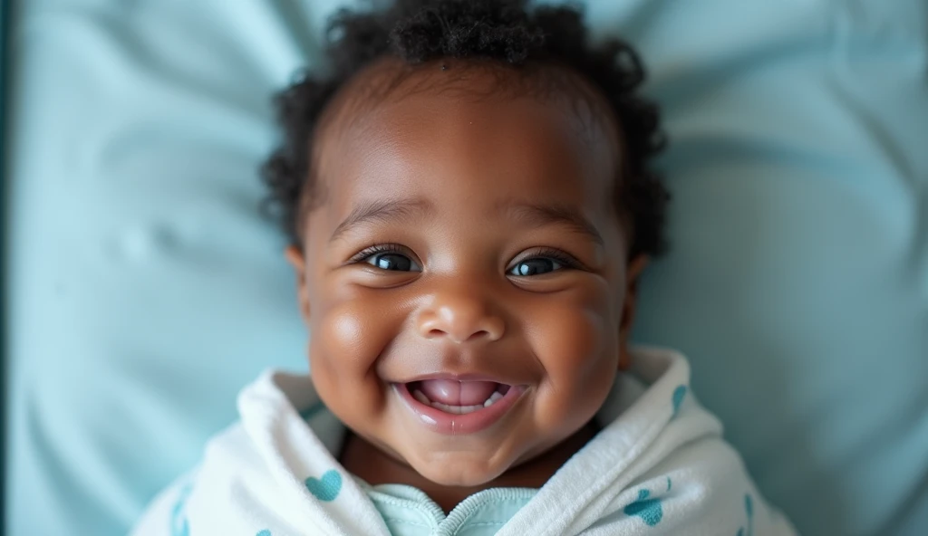 A month-old baby smiling dark-skinned  ,  with beautiful blue eyes lying on a hospital stretcher,  aerial view, symmetrical image,  photographic lighting , blur around 