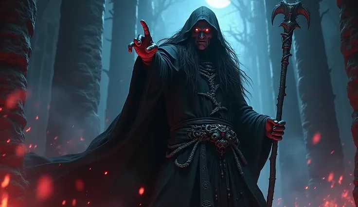 A 3D image of Sorcerer(A menacing dark sorcerer with piercing red eyes and long, tangled black hair. His sharp, bony face is partially covered by a hood. He wears a tattered black robe with silver runes and a belt of bones, with dark energy swirling around...