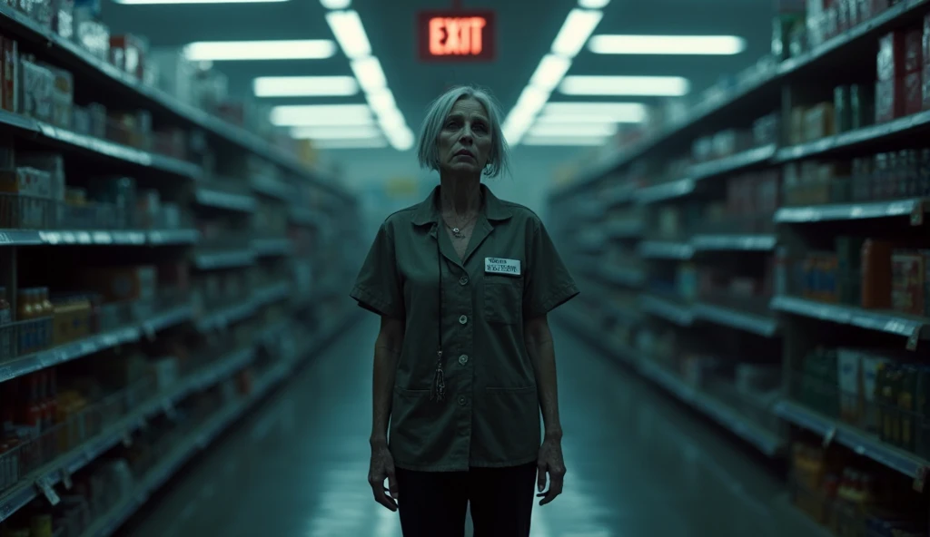 "A dimly lit Walmart aisle, filled with eerie silence. An old, faded uniformed employee stands at the end of the aisle, her face disturbingly blank, eyes hollow and lifeless. Her nametag is scratched beyond recognition, and her posture is unnaturally stiff...