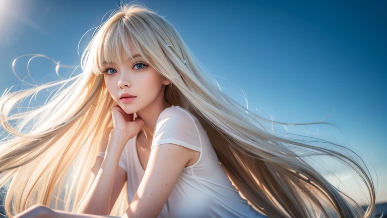  Unrivaled Beauty 、very beautiful beautiful super long platinum blonde silky hair, Beautiful bright look 、 lies down、Shiny, radiant, firm, moisturized, and shiny skin 、目の間のbangs、super long super long straight silky very light blonde、 big beautiful very bri...