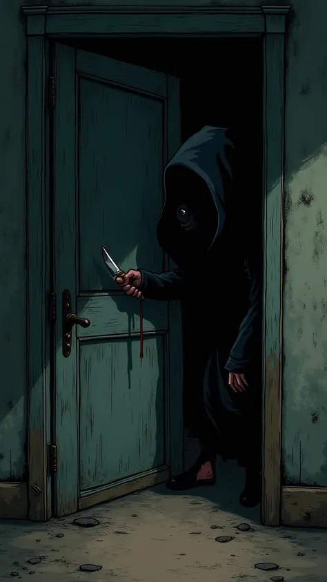 
The horror cartoon about the murderer behind the door looks haunting, holding a knife ready to kill. Japanese style, similar to the song hide and seek.