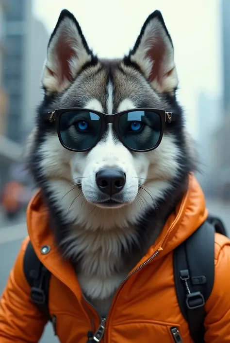  Huskie dog with sunglasses, jacket and motorized helmet 