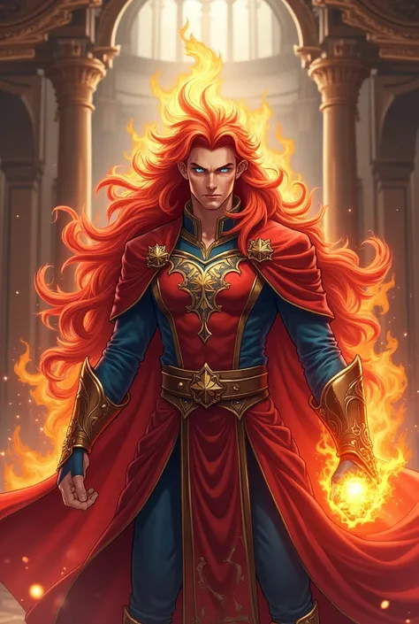 "4K anime style quality, digital drawing mode, a proud and commanding fire mage with long fiery red hair, fierce blue eyes, wearing a red and blue royal battle outfit with golden accents, holding a flaming gauntlet radiating intense heat, standing in a gra...