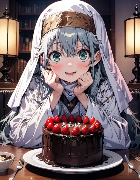  Prohibited bibliography,  green eyes,  Lantern,  long hair,break habit,  Long Sleeve,  nun, Robe, white Robe,  wide sleeve  , Long Skirt ,smile,blush, open your mouth, I've just eaten is placed on the table, I'm grabbing a fork stuck in the chocolate cake...