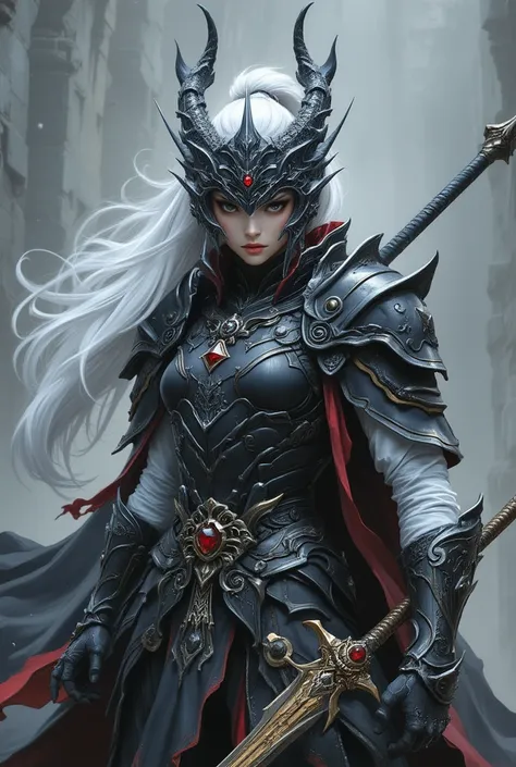   realistic images、live-action 、  full body shot、     Tensho eru Kuroboshi Savia      、Living Freely: Human Women's Dragon Knight、20-year-old woman、 Slender Woman、 White voluminous ponytail、Black light armor、Made with dragon scales、Shoulders are sharp、 is ...