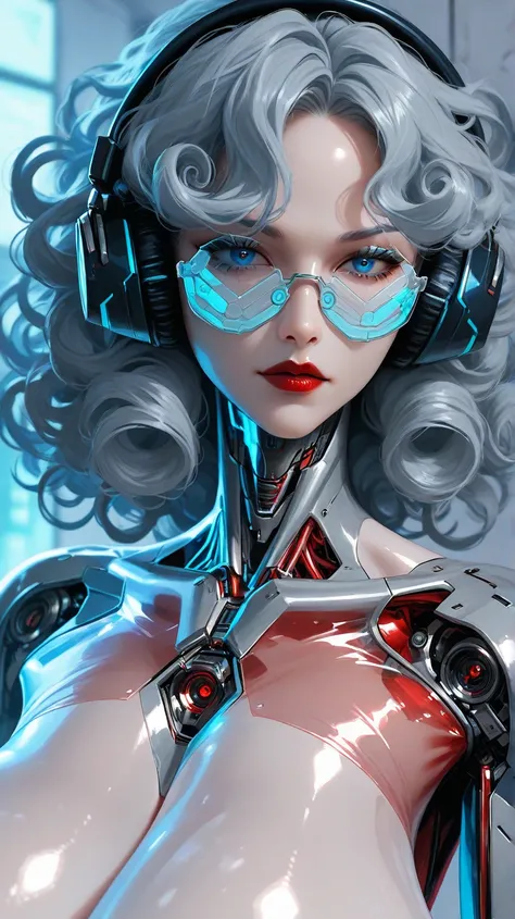  Close Cyborg female character with headphones and transparent futuristic glasses, long curly hair color black,  blue eyes red lips with transparent clothes, details in transparent latex red , in a cyberpunk world (Gigantic Skinny Breasts)