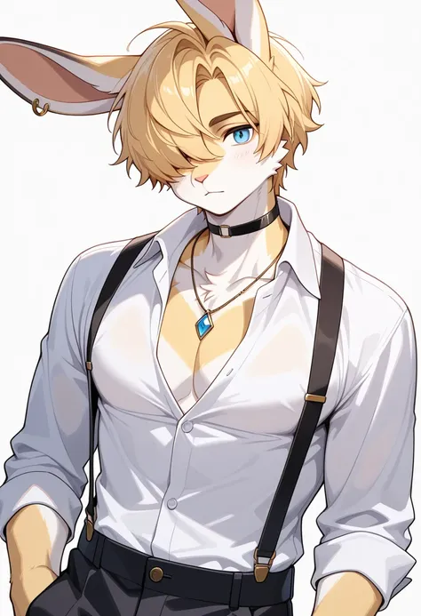 1boy, (furry, kemono:1.4), rabbit boy, animal nose, rabbit ears, male focus, blonde hair, solo, shirt, white background, blue eyes, short hair, jewelry, white shirt, suspenders, pants, black pants, hair over one eye, necklace, pectorals, simple background,...