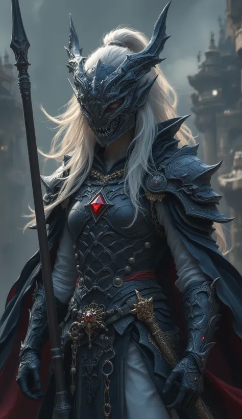   realistic images、live-action 、  full body shot、     Tensho eru Kuroboshi Savia      、Living Freely: Human Women's Dragon Knight、20-year-old woman、 White voluminous ponytail、Black light armor、Made with dragon scales、Shoulders are sharp、 is equipped with a...