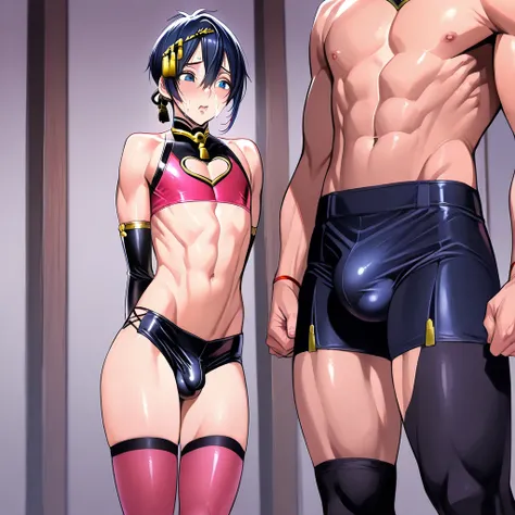 (Mikazuki Munechika), superhero, pretty face, beautiful, toned and muscular, cum on face, dumbfounded expression,femboy , trap, crop top, flat chest, (bulge), (((boy ,femboy , female,  Otoko No Ko))), ultra-detailed, beautiful, best quality, thigh high sOC...