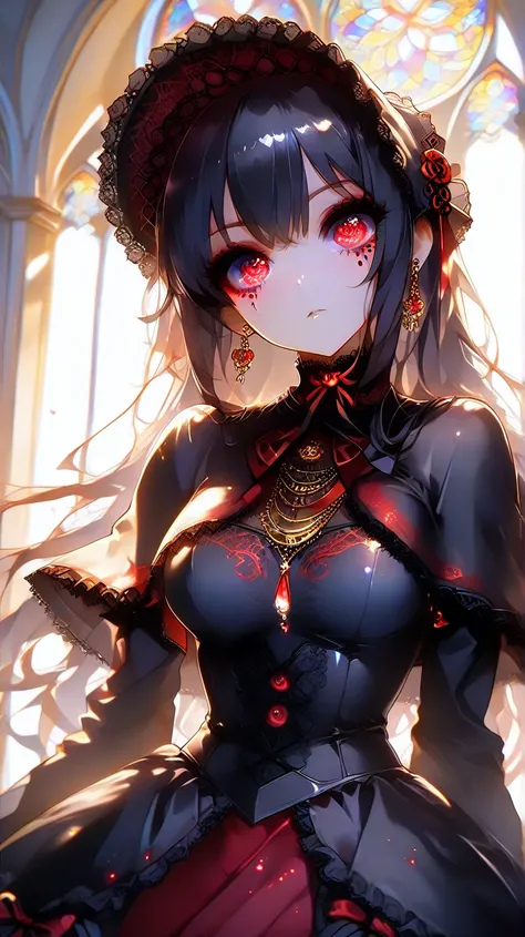 An HD scene of a  with long black hair, black eyeliner, crimson eye makeup, with bright light azure eyes with gold glitter, heart-shaped puppils, wearing a crimson and gold gothic lolita dress, high detail, high quality, best quality, masterpiece, 8k, at a...