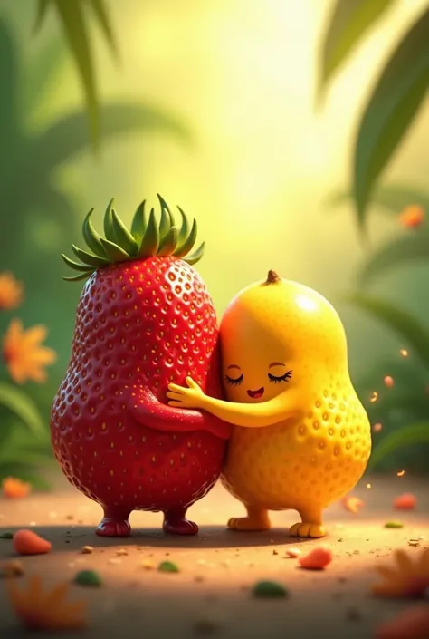 a strawberry and a mango hugging 