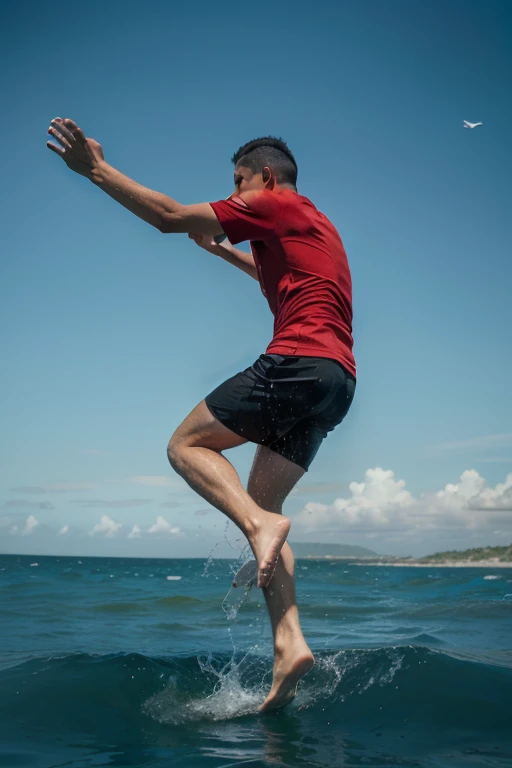  Seen from the side of a man wearing a red t-shirt flying over the sea,  so that his feet almost touch the seawater and create a splash of seawater , the camera looks away 