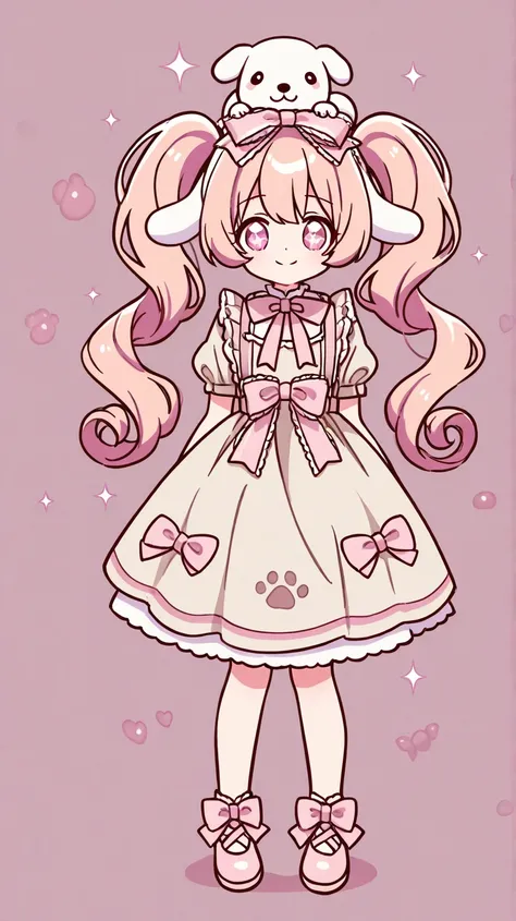  twin tails,  gradation color hairstyle , Curly Hair,  light pink and light blue half 、 One girl , alone,  smiles, ribbon,  detail , Droopy dog ears, Droopy eyes,  eyes sparkle,  white dog footprints inside pink people 、Symmetrical, Character portrait, Hea...