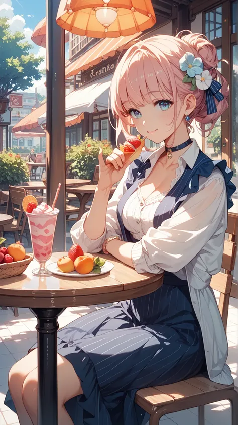  stylish cafe terrace seat 。 yogurt parfait with fruit is placed on the table、 beautiful woman sitting enjoying the atmosphere of the cafe 。Healthy and peaceful scene 。(Do not show hands)