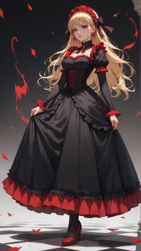 1girl, Solo,  full body, blonde hair, crimson red eyes, black dress, gothic lolita, medium breasts, anime, anime style 